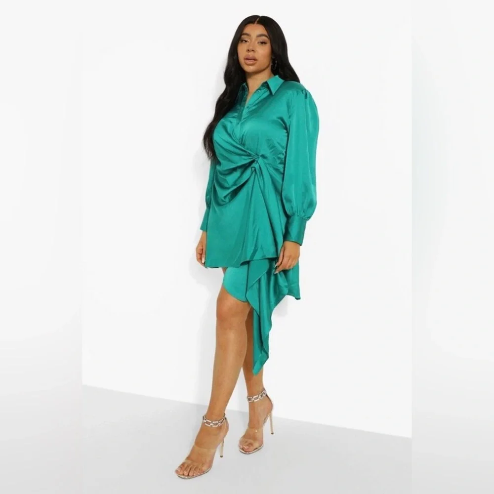 Boohoo | PLUS STATEMENT DRAPED SATIN SHIRT DRESS SIZE 24 - Picture 3 of 4